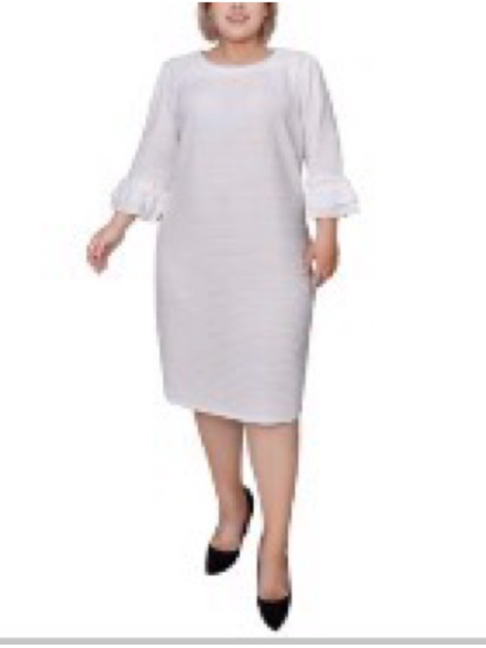 NY Collection White Midi Sheath Dress with Ruffled 3/4 Sleeves